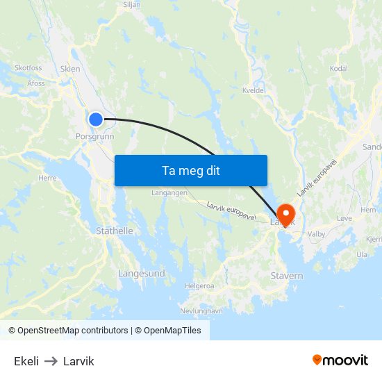 Ekeli to Larvik map