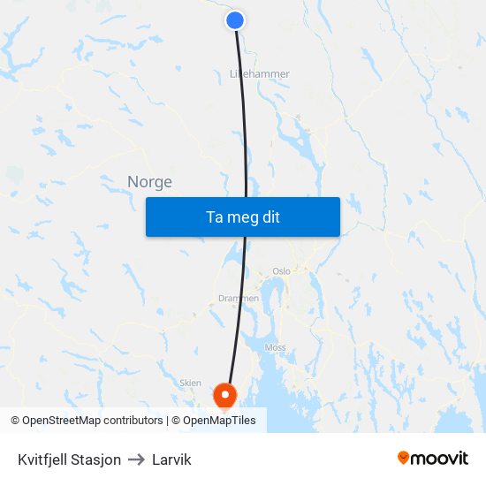 Kvitfjell Stasjon to Larvik map