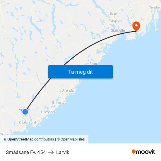 Smååsane Fv. 454 to Larvik map