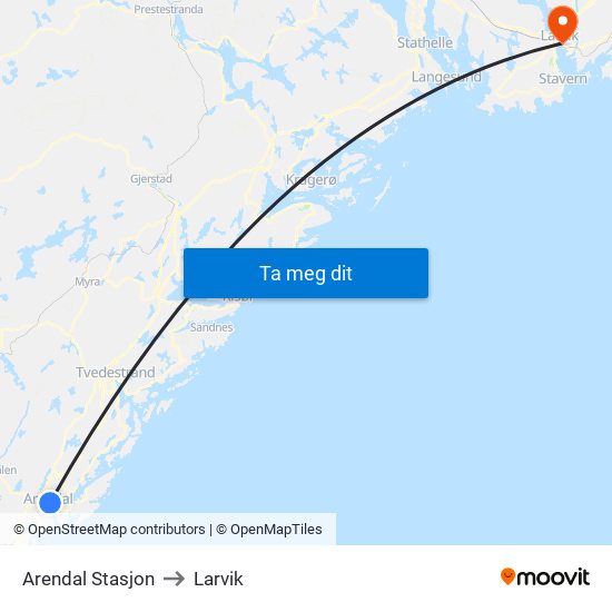 Arendal Stasjon to Larvik map