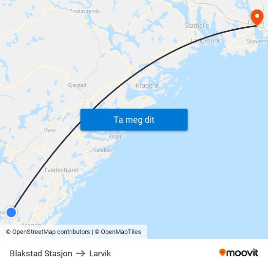 Blakstad Stasjon to Larvik map