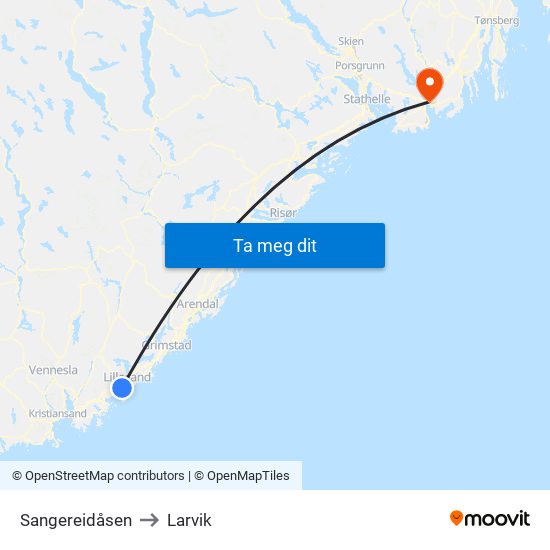 Sangereidåsen to Larvik map