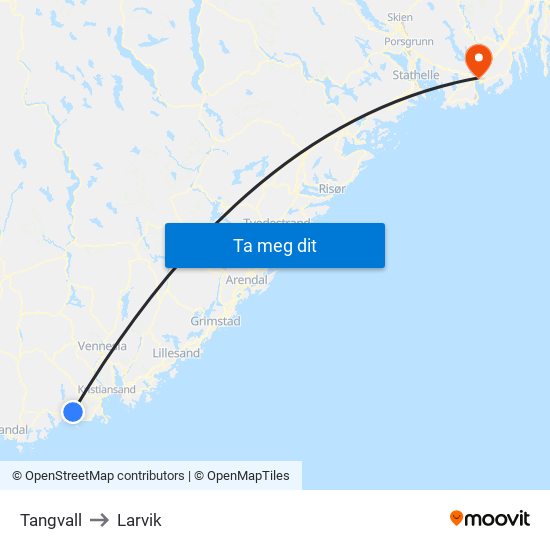 Tangvall to Larvik map