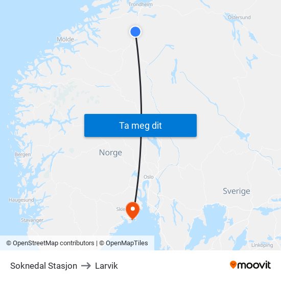Soknedal Stasjon to Larvik map