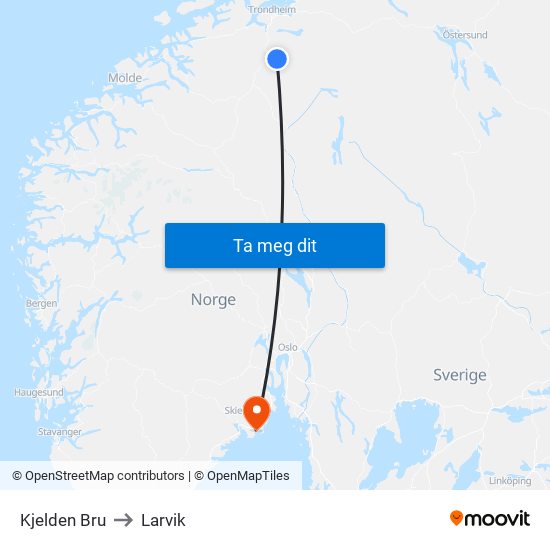 Kjelden Bru to Larvik map