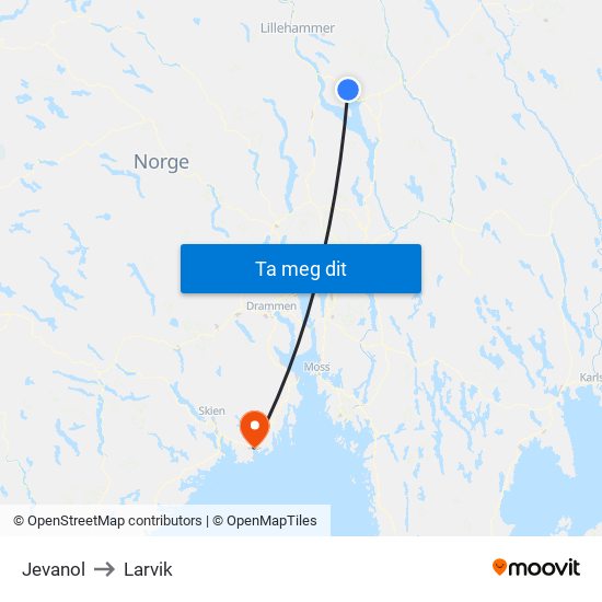Jevanol to Larvik map