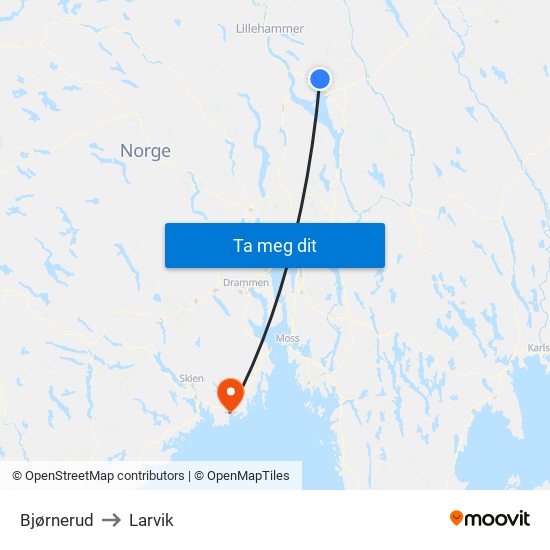 Bjørnerud to Larvik map