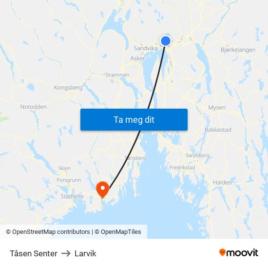 Tåsen Senter to Larvik map