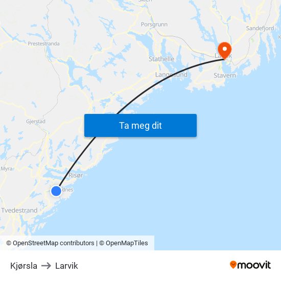 Kjørsla to Larvik map