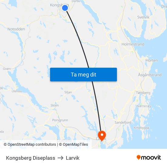 Kongsberg Diseplass to Larvik map