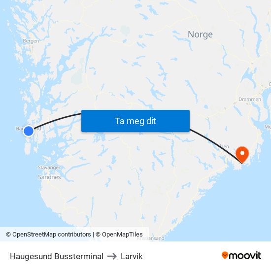 Haugesund Bussterminal to Larvik map