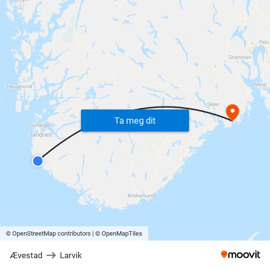 Ævestad to Larvik map