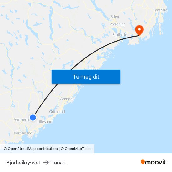 Bjorheikrysset to Larvik map