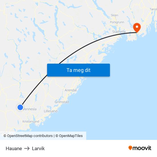 Hauane to Larvik map