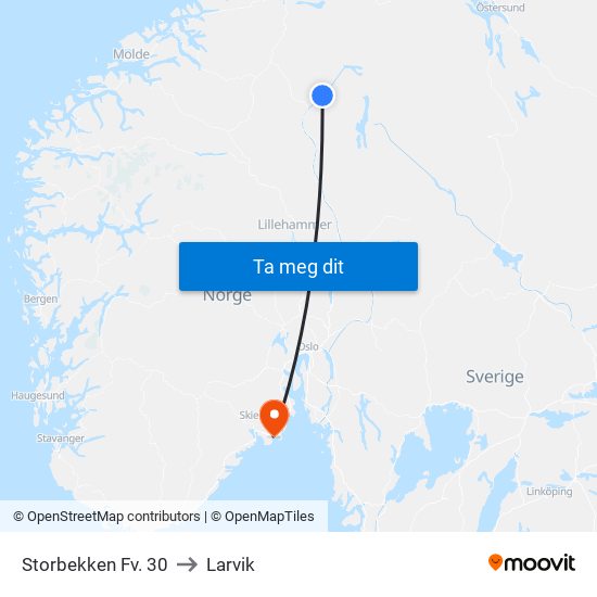 Storbekken Fv. 30 to Larvik map