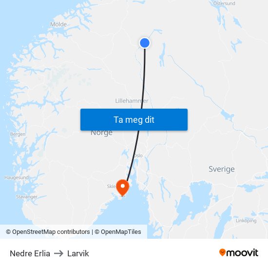 Nedre Erlia to Larvik map