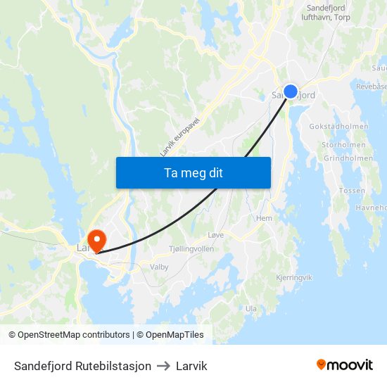 Sandefjord Rutebilstasjon to Larvik map