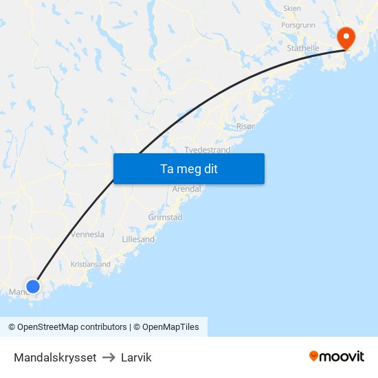 Mandalskrysset to Larvik map