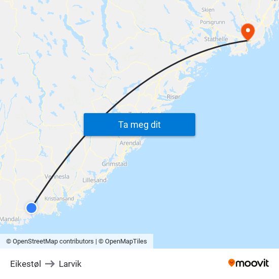 Eikestøl to Larvik map