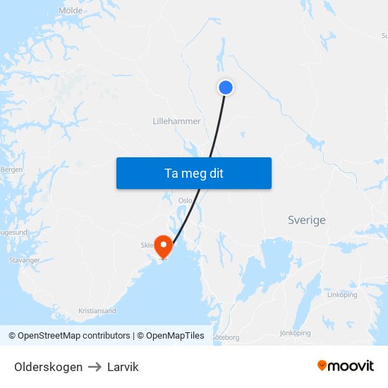Olderskogen to Larvik map