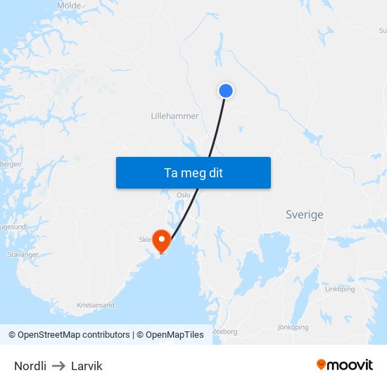 Nordli to Larvik map