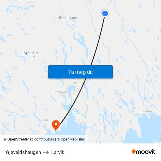 Gjevaldshaugen to Larvik map
