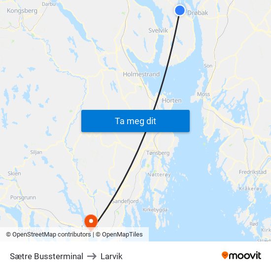 Sætre Bussterminal to Larvik map