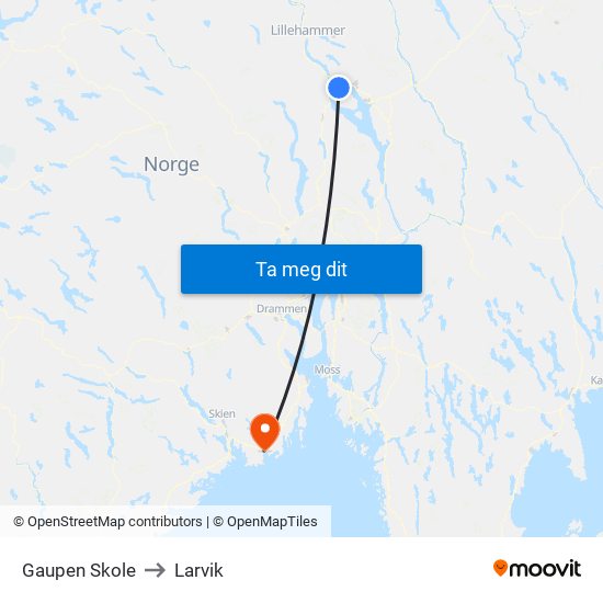 Gaupen Skole to Larvik map