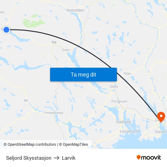 Seljord Skysstasjon to Larvik map