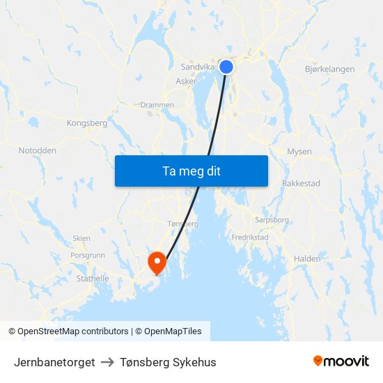 Jernbanetorget to Tønsberg Sykehus map