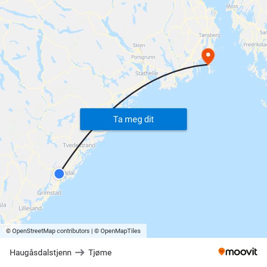 Haugåsdalstjenn to Tjøme map