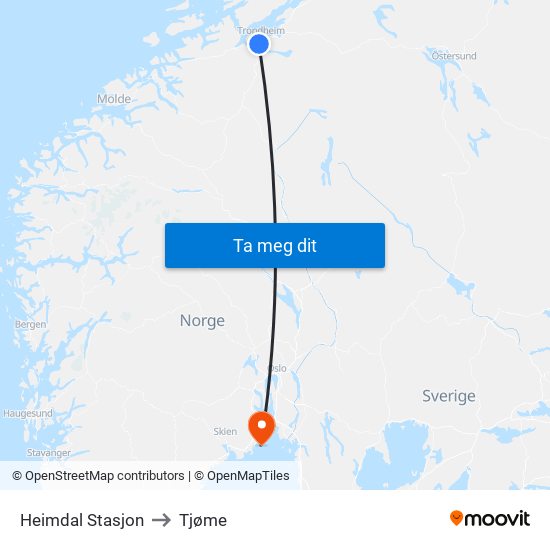 Heimdal Stasjon to Tjøme map