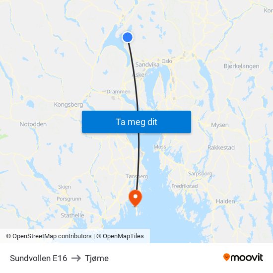 Sundvollen E16 to Tjøme map