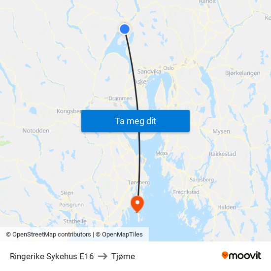 Ringerike Sykehus E16 to Tjøme map