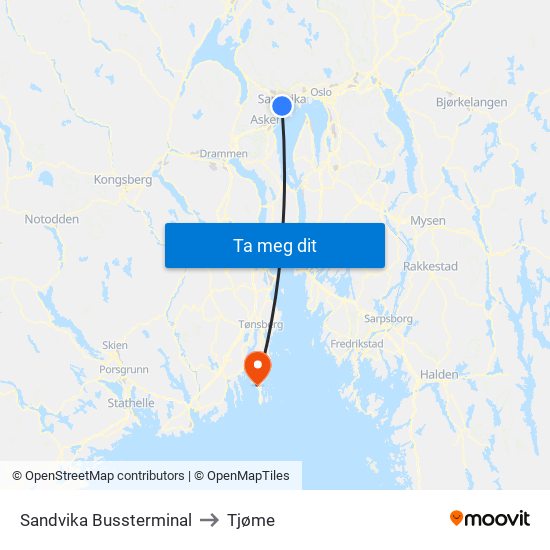 Sandvika Bussterminal to Tjøme map