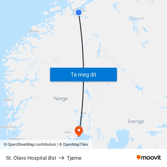 St. Olavs Hospital Øst to Tjøme map