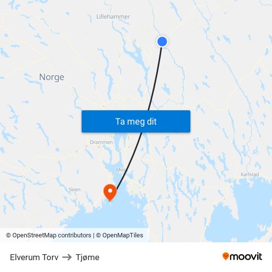 Elverum Torv to Tjøme map