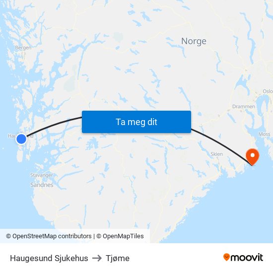 Haugesund Sjukehus to Tjøme map