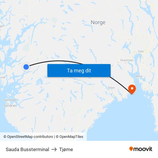 Sauda Bussterminal to Tjøme map