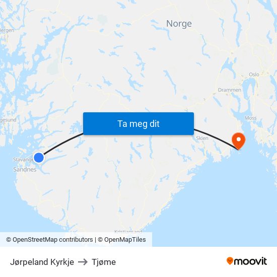 Jørpeland Kyrkje to Tjøme map