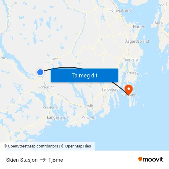 Skien Stasjon to Tjøme map