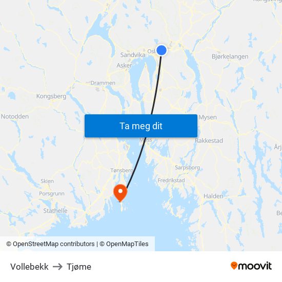 Vollebekk to Tjøme map