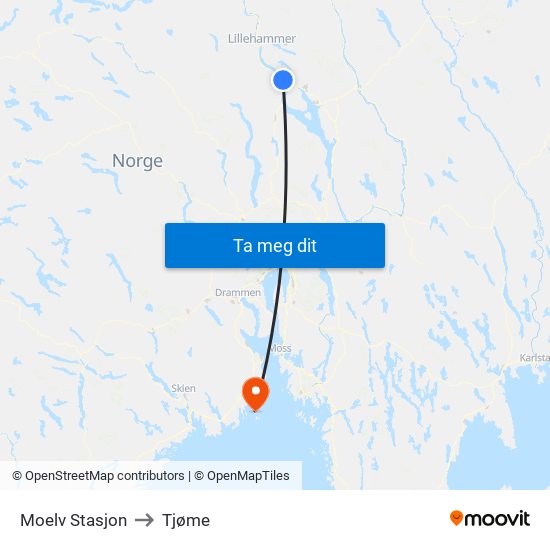 Moelv Stasjon to Tjøme map