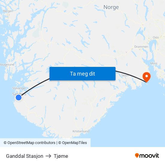 Ganddal Stasjon to Tjøme map
