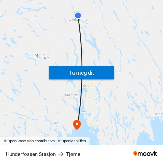 Hunderfossen Stasjon to Tjøme map