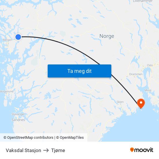 Vaksdal Stasjon to Tjøme map