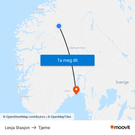 Lesja Stasjon to Tjøme map