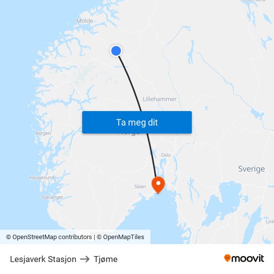 Lesjaverk Stasjon to Tjøme map