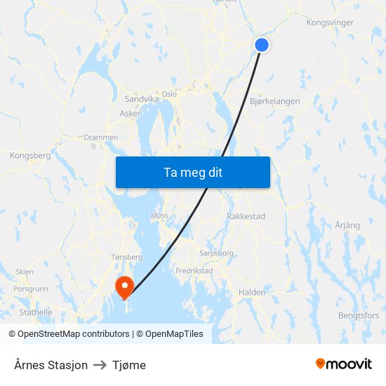 Årnes Stasjon to Tjøme map