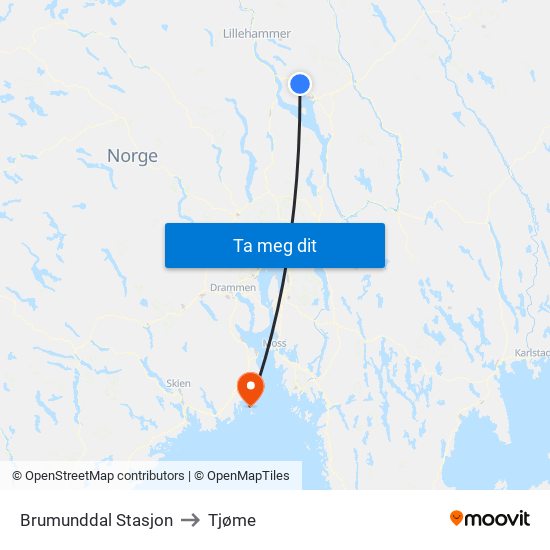 Brumunddal Stasjon to Tjøme map